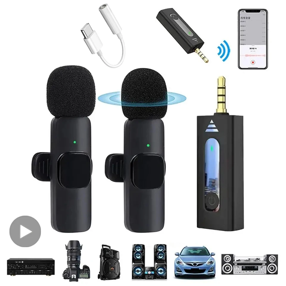 Micrófono de solapa inalámbrico profesional Bluetooth doble con botón para iPhone Android celular PC