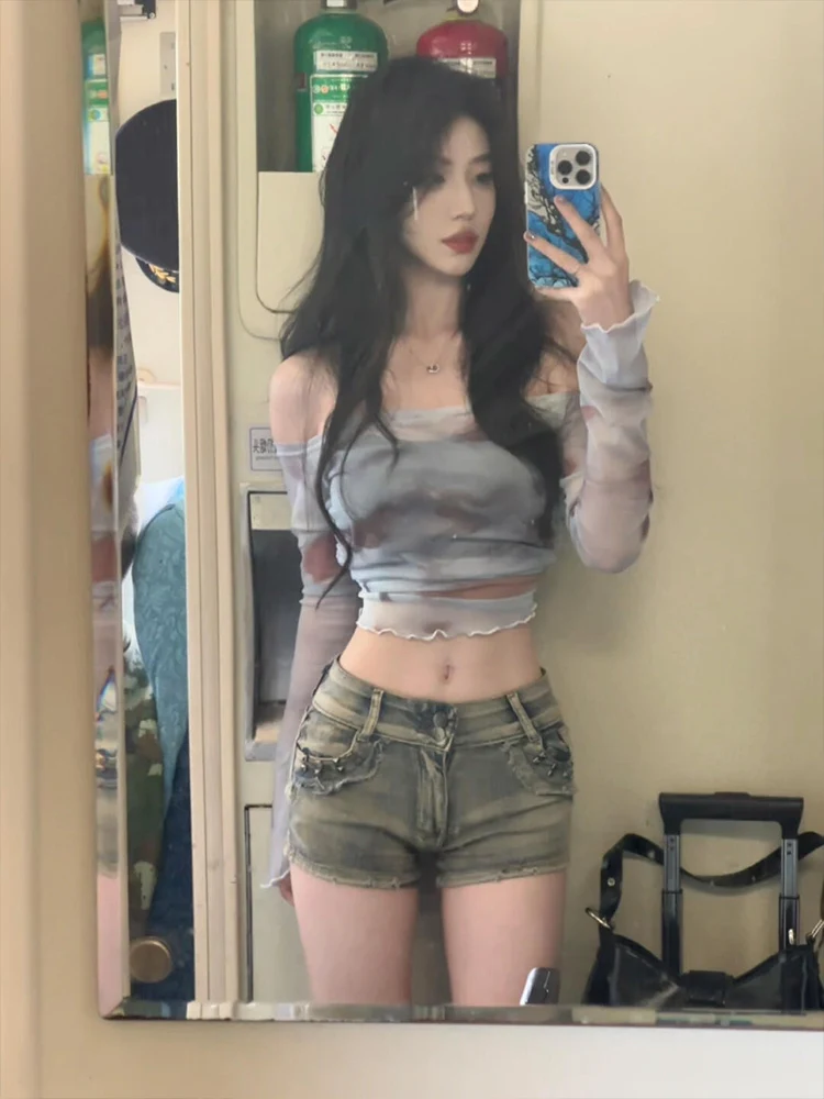 

American High Street Spicy Girl Low Waist Denim orts Women's Summer Thin A-Line Slimming Hot Pants Faionable Ladies Jeans