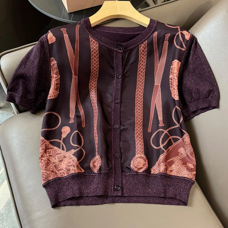 5.7 2024 New Arrives Temperament Vintage Print Spliced Knit Bright Silk Design Round Neck Short Sleeve Cardigan Women