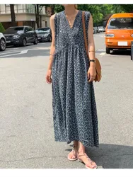 Verão novo sem mangas feminino vestidos florais nova coreia moda vintage feminino casual solto escritório pulôver impressão longo vestido robe