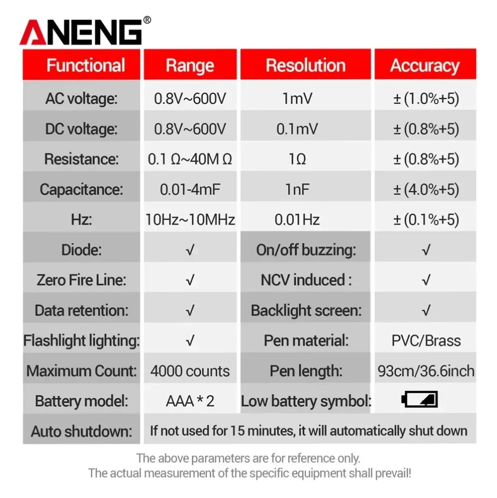 

ANENG A3006 Digital Multimeter professional Pen Type multimetro AC/DC Voltage Tester eléctrico Ohm Hz Zero Fire Line Test toolS