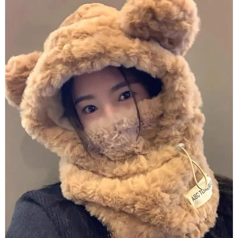 女性の冬用暖かいぬいぐるみ帽子スカーフセットかわいいクマの耳ビーニー、防風フード付きスカーフオールインワン耳保護キャップ