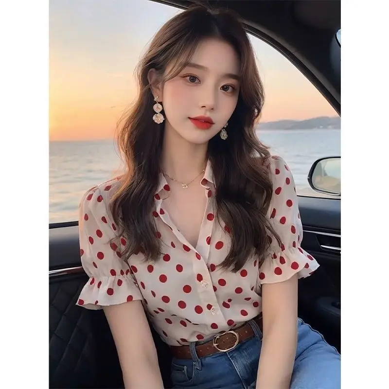 Polka Dot Shirts and Blouses Korea Turn Down Collar Fashion Woman Blouse 2024 Petal Sleeve Ruffles Ladies Top Female Clothes New