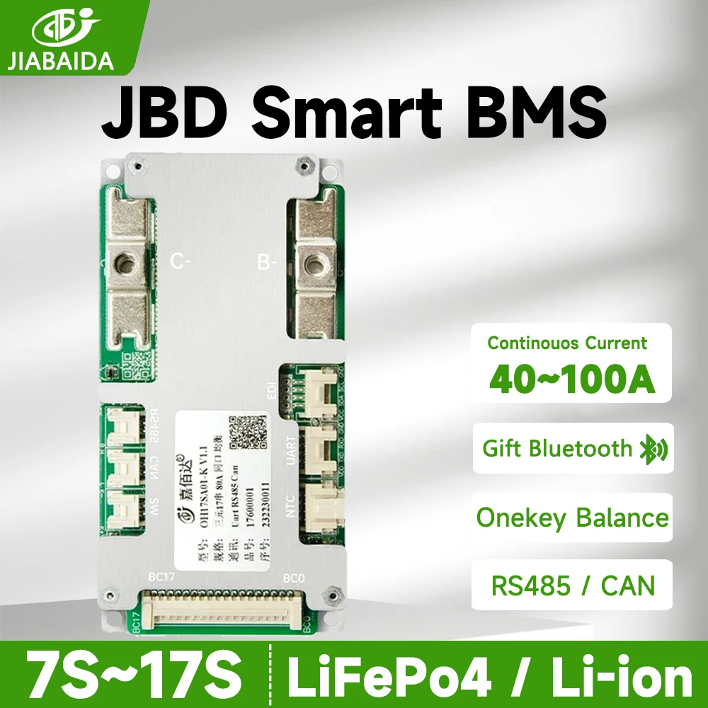 JBD Smart BMS 8S 24V 7S 10S 12S 13S 14S 16S 48V 17S LiFePo4 Li-ion 40A-100A Jiabaida BMS with  Bluetooth Balance RS485 CAN UART