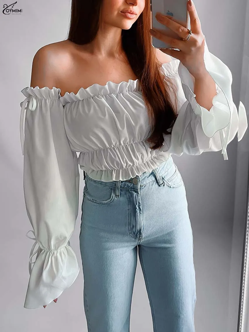 Oymimi Casual White Strapless Women's Blouse Fashion Ruffled Long Sleeve Lace-Up Blouses Elegant Pleated Crop Tops Streetwear