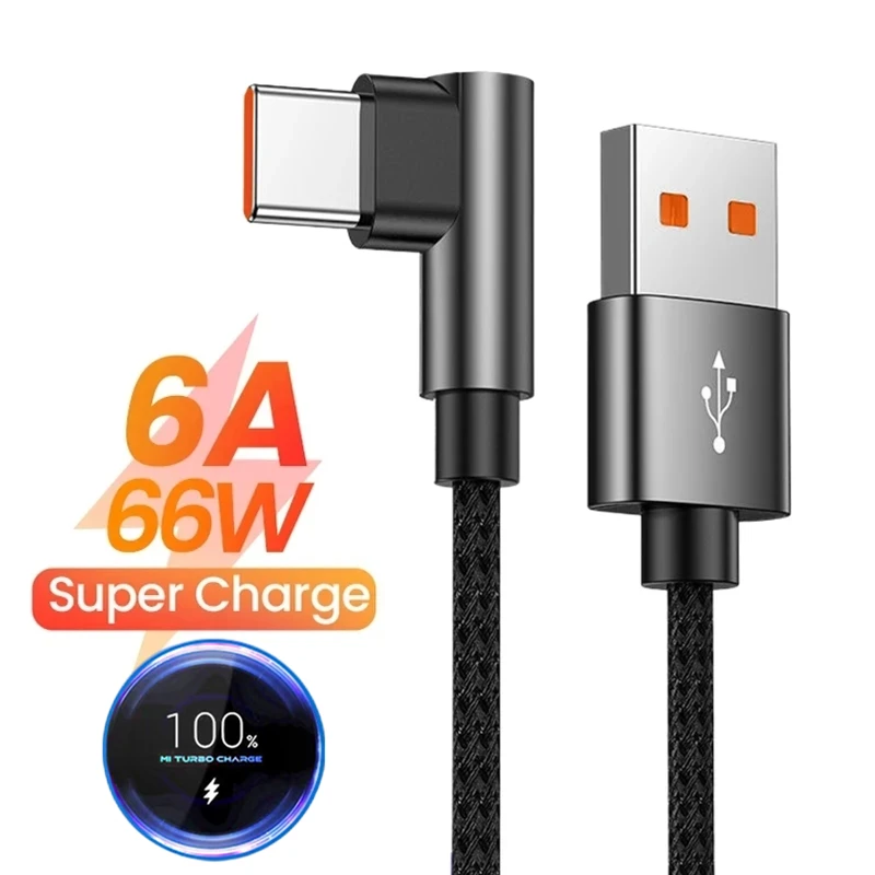 6A 66W Elbow Super Fast Charging Type C USB Cable For Xiaomi 11 12 13 14 15 Redmi Note 13 14 Pro POCO F7 F8 X6 X7 Honor Realme