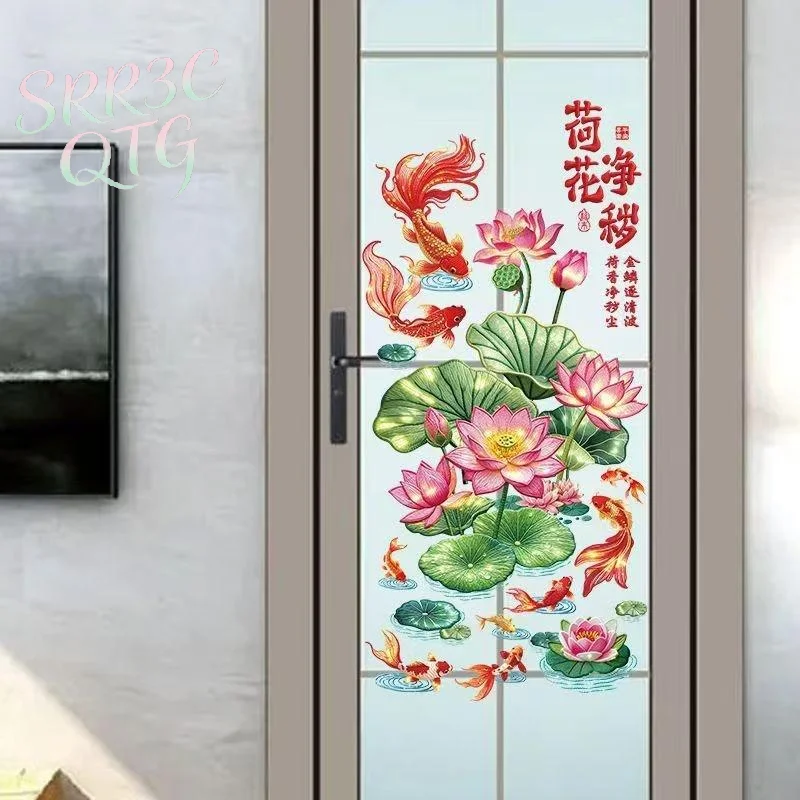 Hot Sale 2Pcs Anti-static Flower Koi Sticker Chinese Style Golden Lotus Wall Sticker 3D Effect Decorative Sticker