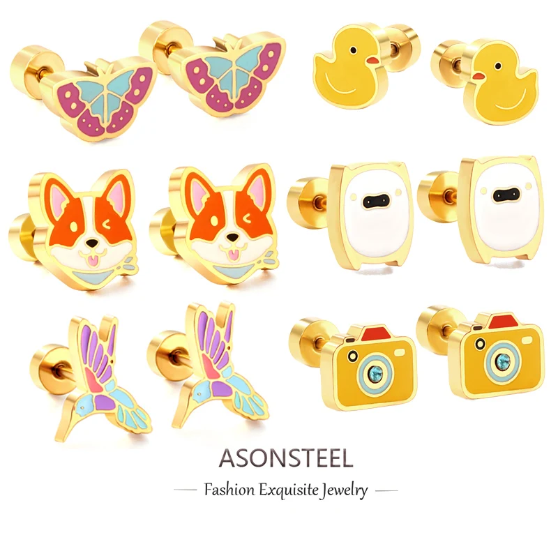 Серьги-гвоздики ASONSTEEL с мультяшными животными, бабочками и утками, из нержавеющей стали, золотистого цвета, для женщин и девушек, ювелирные украшения для вечеринок, бижутерия