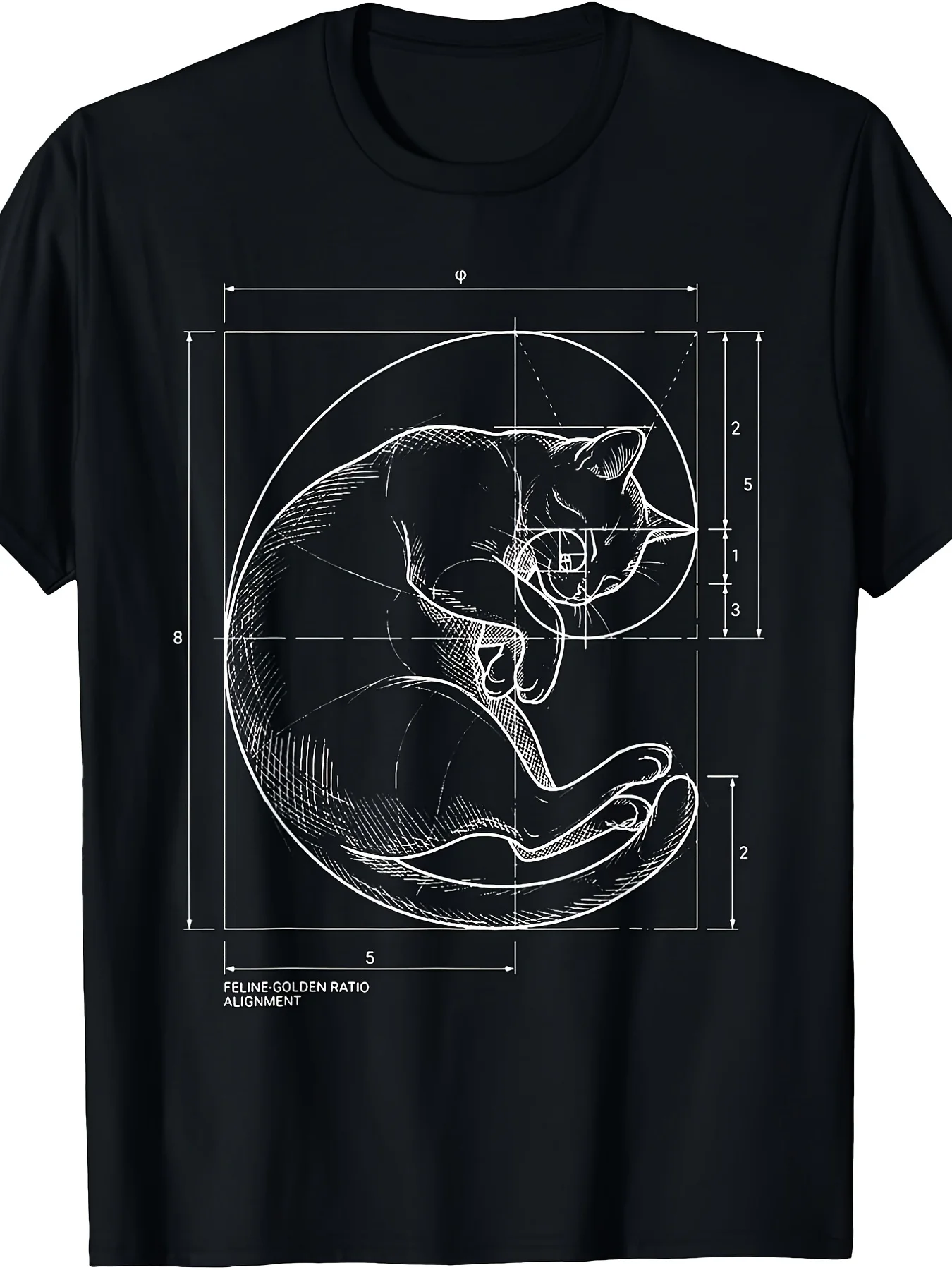 Fibonacci Spiral Cat T-Shirt Fibonacci Spiral Cat Blueprint Sacred Geometry Vintage Casual Crew Neck Short Sleeve T-Shirt