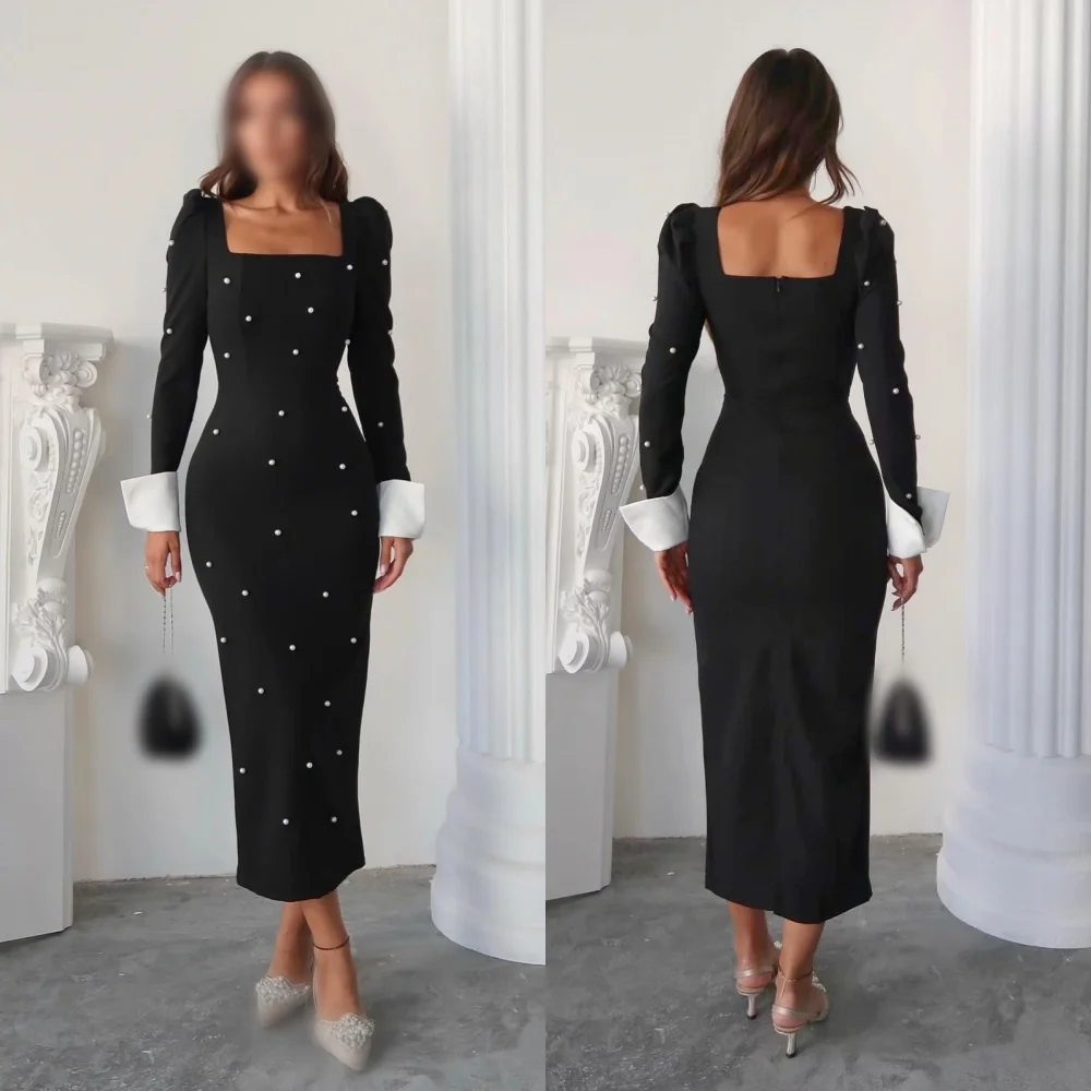 

Customized Jersey Beading Button Square Neck Straight Midi Dresses Bespoke Occasion Elegant Formal Party Wedding Guest Dress