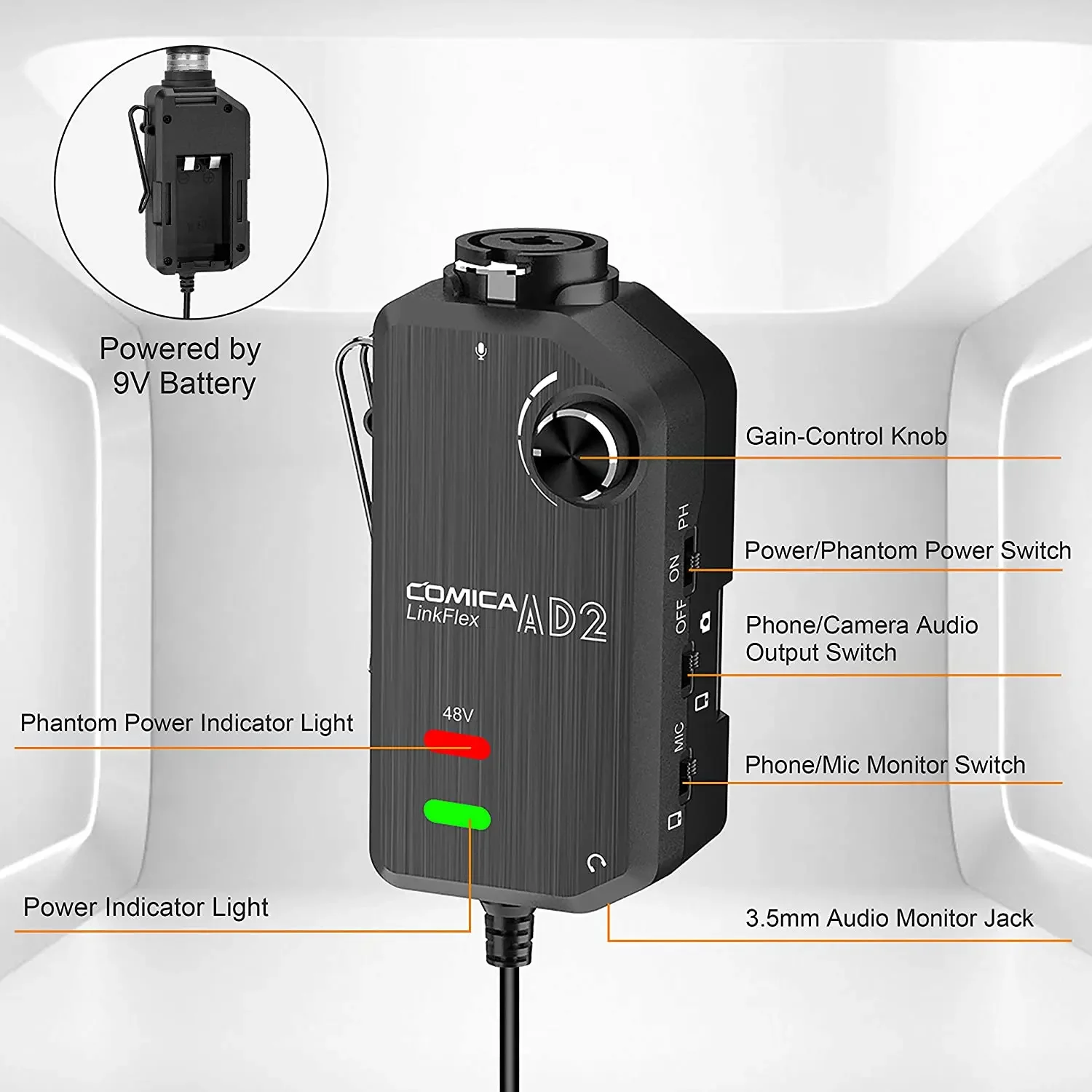 Interfejs audio Comica LINKFLEX AD2 Adapter przedwzmacniacza audio z zasilaniem fantomowym 48 V dla smartfonów/kamerów DSLR iPhone Android