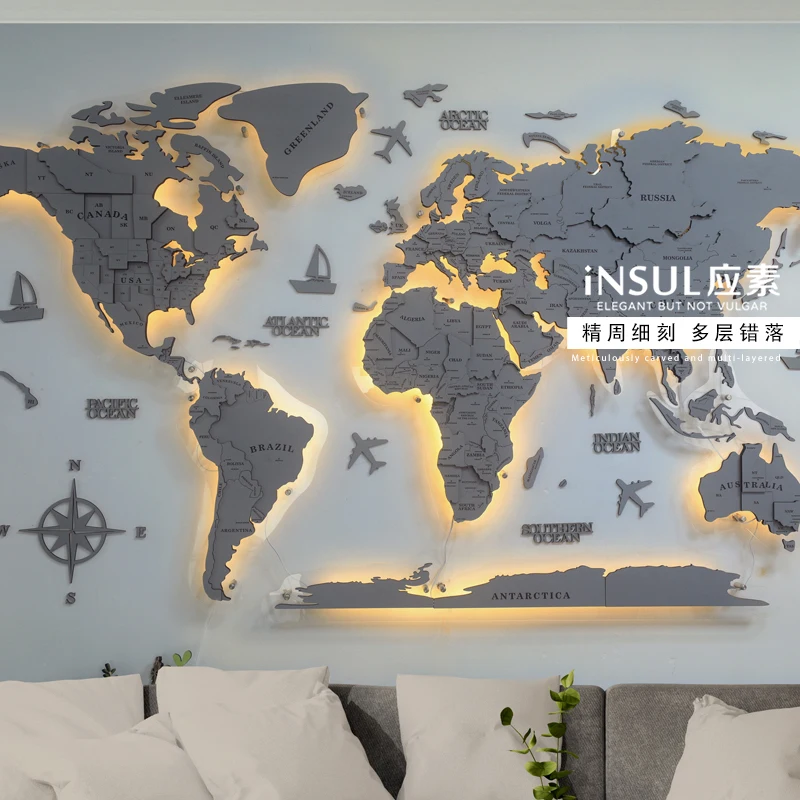 Gray black world lighting luminous map solid wood three-dimensional wall decoration wall decoration living room company image
