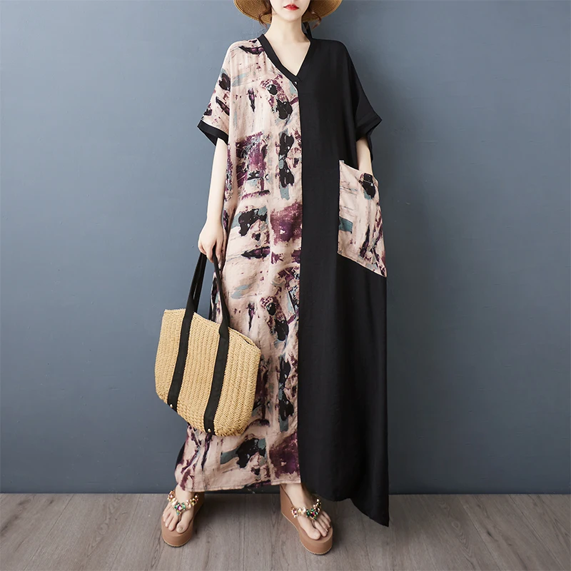 

Летняя новинка больших размеров Long V-Ne ort Sve Batwing Sve Thin Cotton Linen Dr Meat Conceal Slimming Color Blo Bla ...