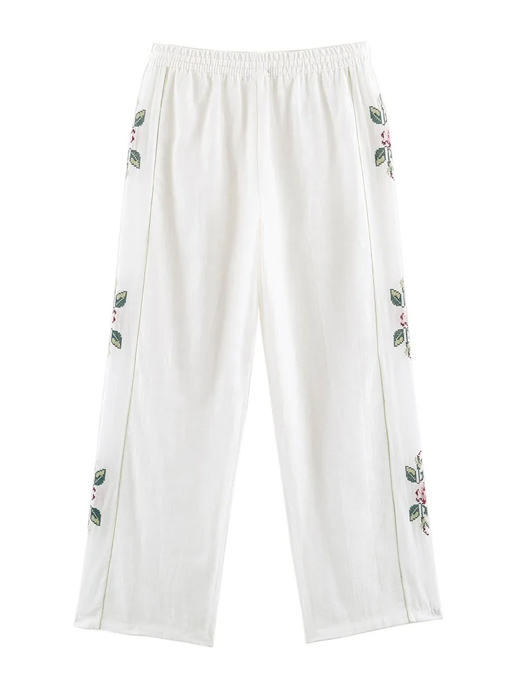 HH Women Summer Casual Floral Embroidered Wide Leg Pants Elastic Drawstring Waist For Beach Vacation Holiday Party Daily Wear