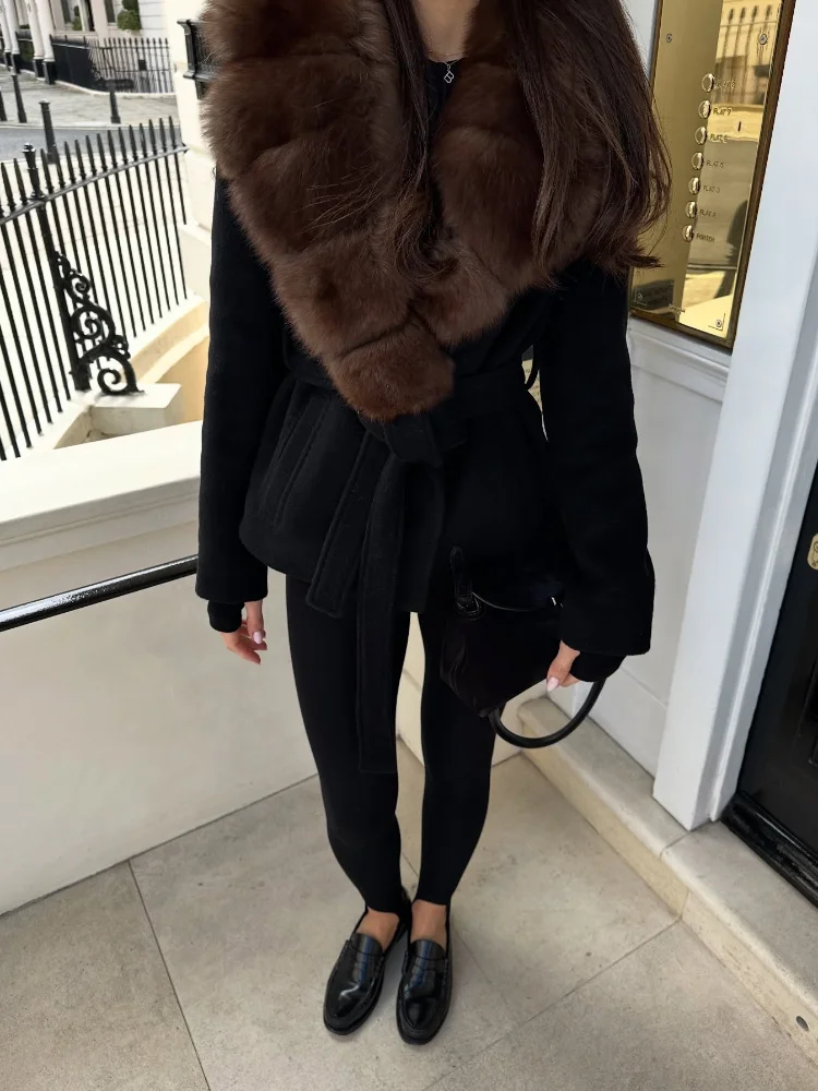 Chic Lady Overcoat Thicken Faux Fur Collar Open Stitch Belt Long Sleeve Warm Female Coat Autumn Winter Women Commute Top 2026