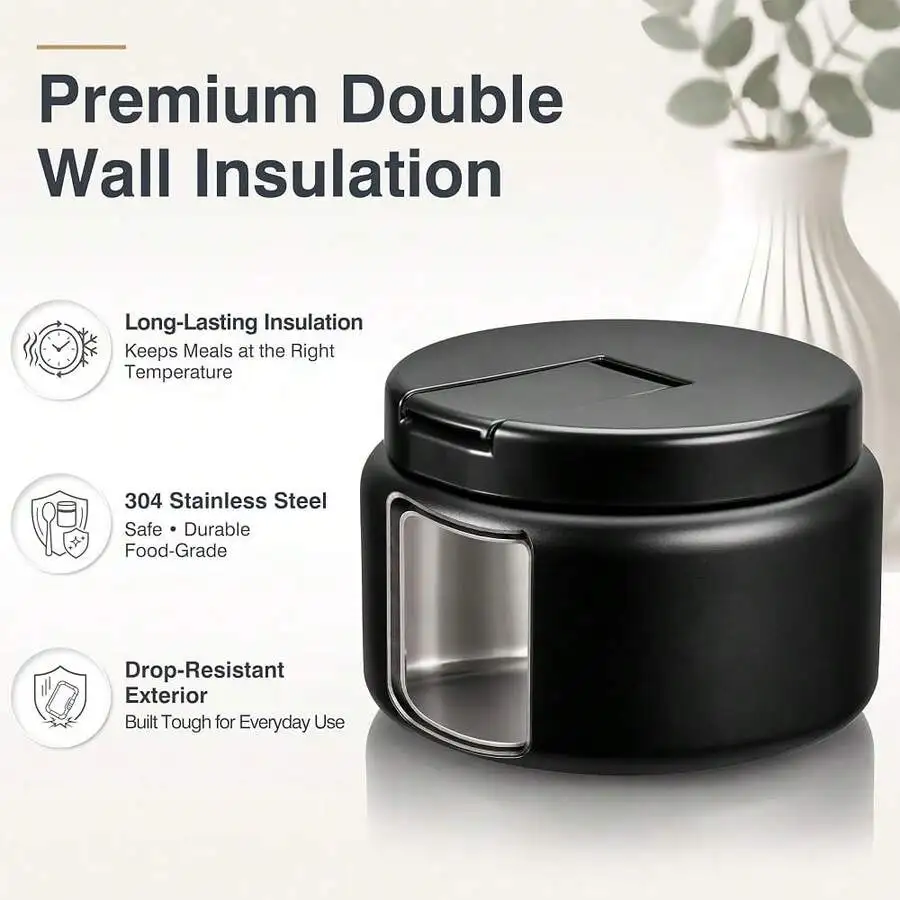 13.5oz Jar For Hot Food, Insulated Vacuum Food Jar With Buckle Lid, Stainless Steel Wide Mouth Leak Proof Insulated Lunch Contai