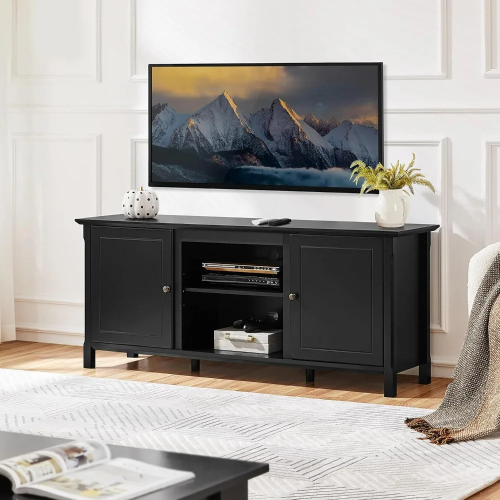 Black TV Stand for TVs Up To 65 in, Modern Entertainment Center with Storage Space Cabinets, Mid-Century TV Console