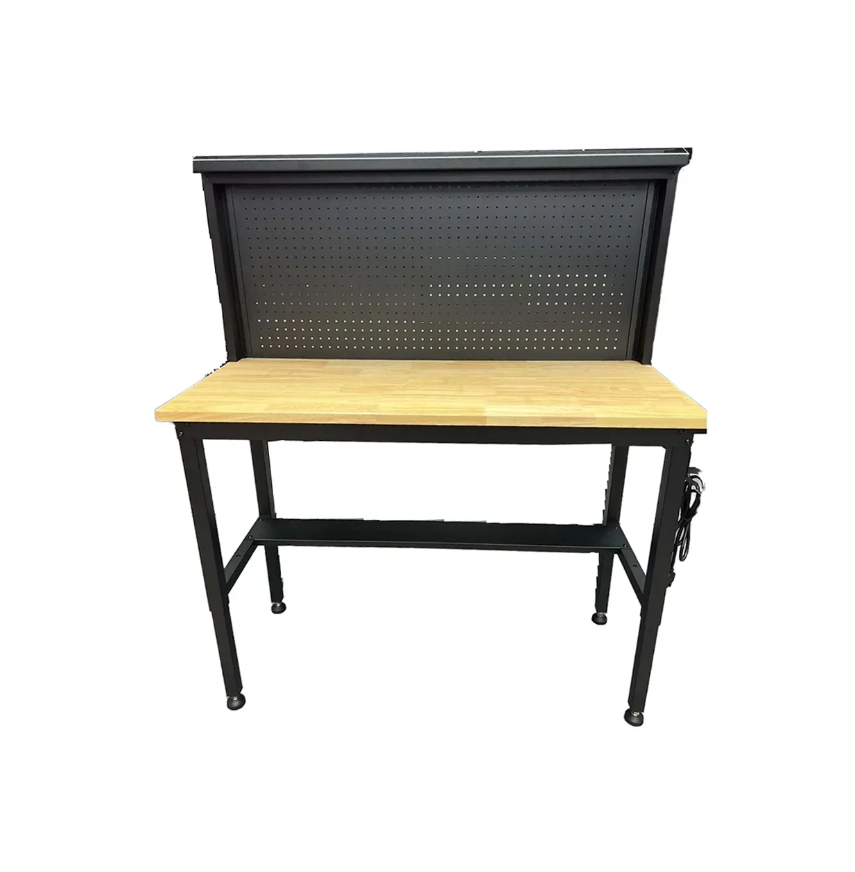 

NEW 60-Inch Height Adjustable Metal Workbench with Rubber Wood Tabletop and Hanger Panel Iron Workbench for Woodworking Shop