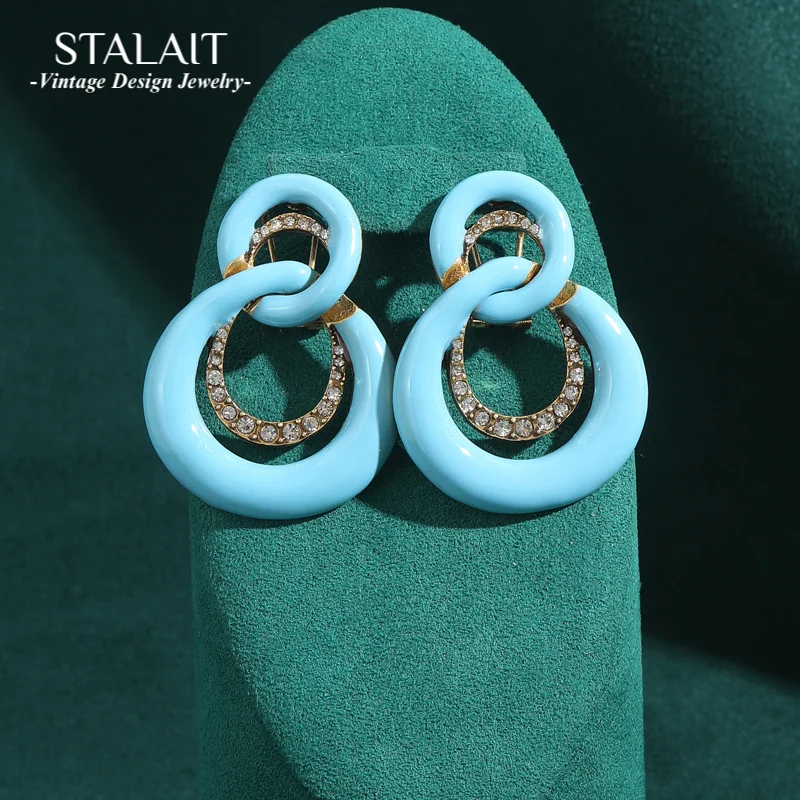 

Vintage Blue Enamel 8-shaped Infinite Earrings for Woman Geometry Luxury Retro Antique Jewelry Rhinestones Accessories New