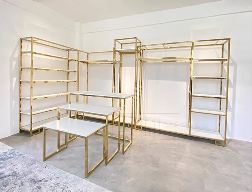 High-grade stainless steel titanium women's clothing store shelf display rack clothing store display floor shelf gold live