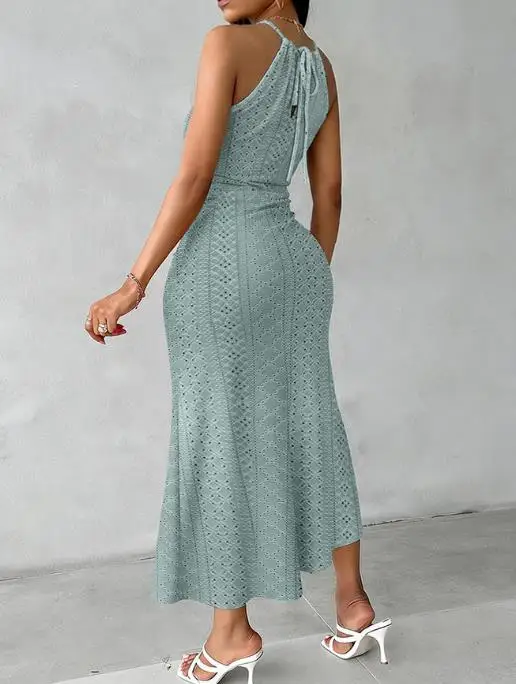 Womens Dresses 2026 New Spring Tie Criss Cross Front Knit Jacquard Textured Slit Dress Casual Hollow-Out Draped Vacation Dress