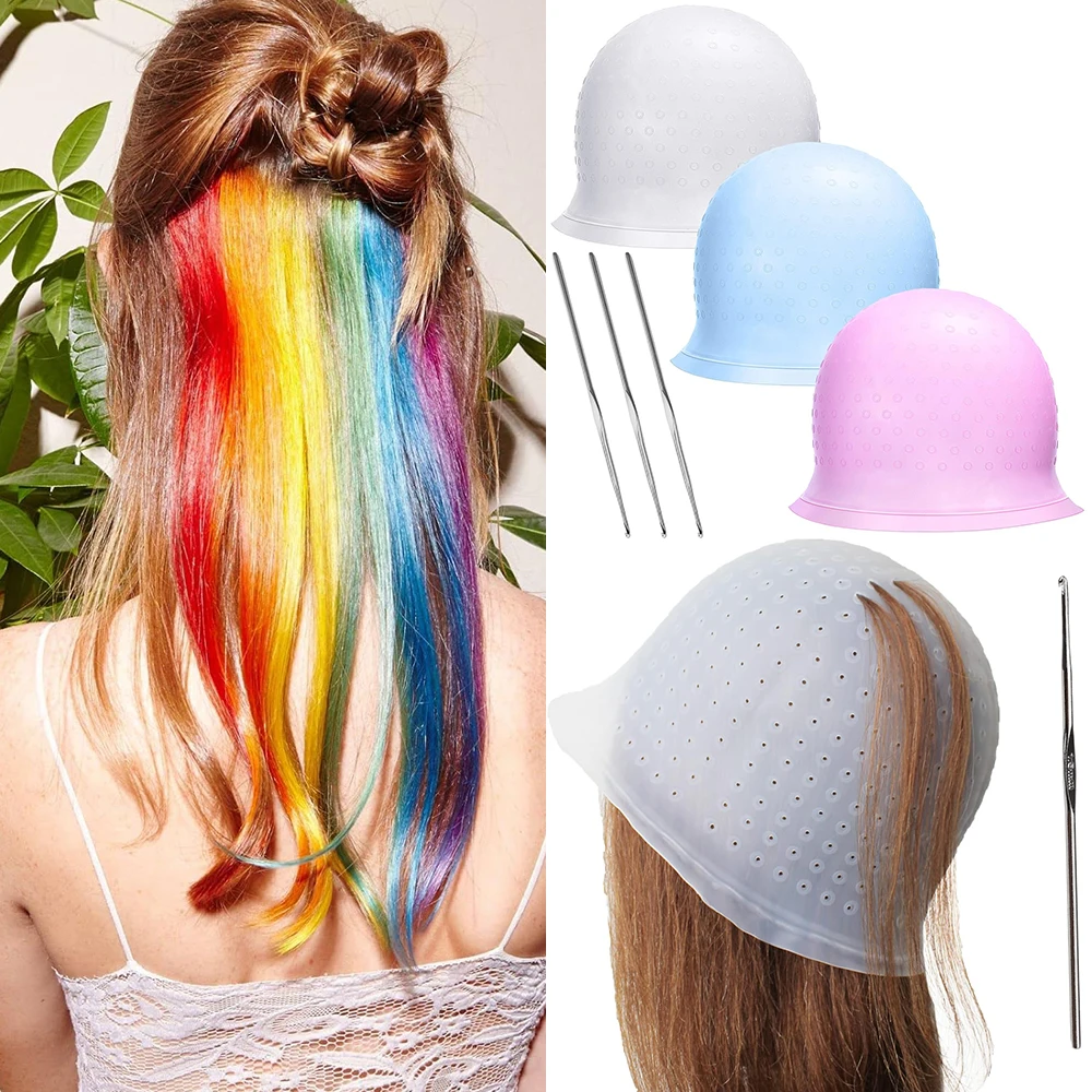 Touca de silicone para coloração de cabelo com agulha, ferramenta profissional para salão de cabeleireiro, para mechas e tintura.