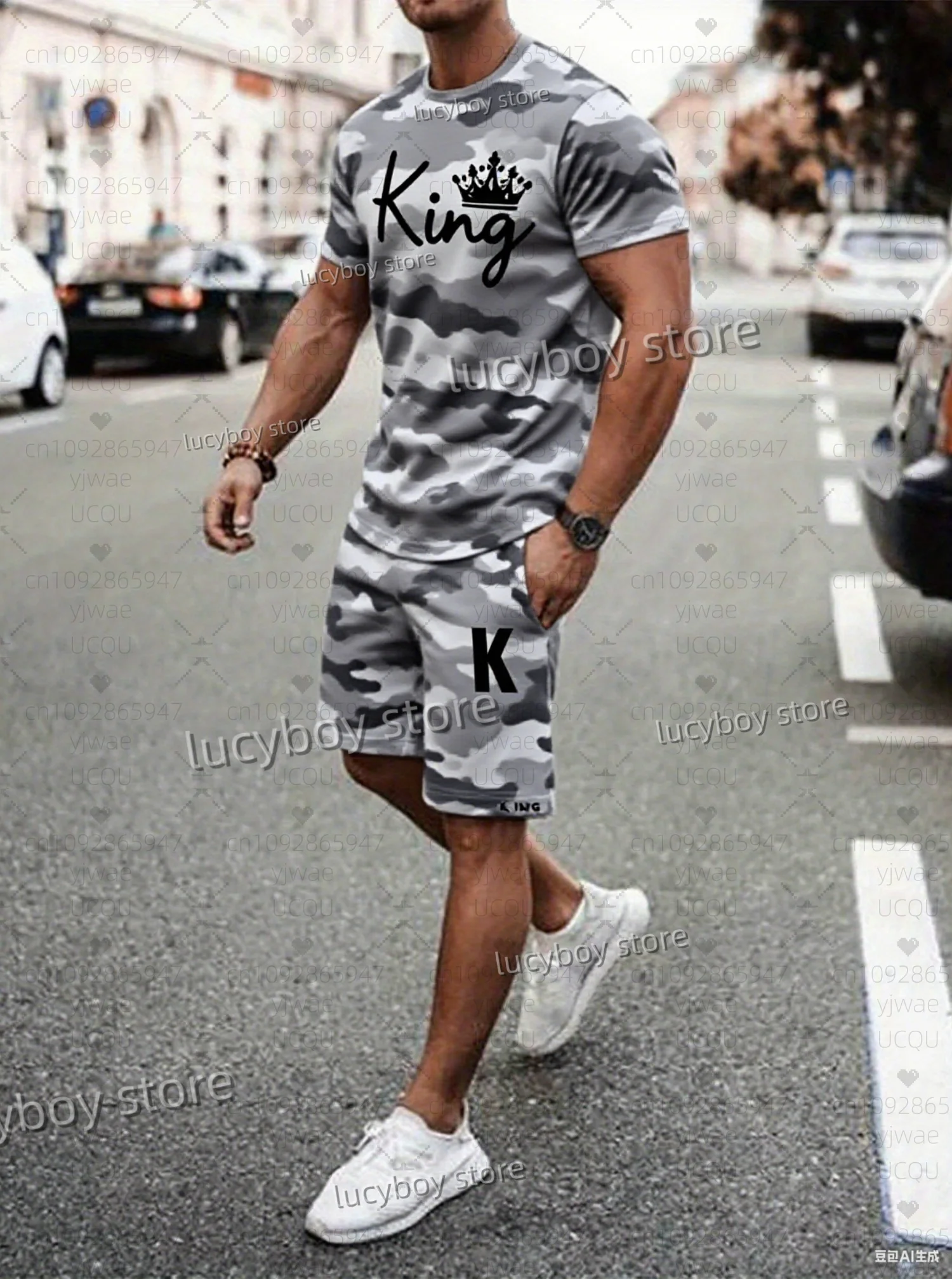 Summer Men 3D Camouflage KING  Print Set Short Sleeve T-Shirt Shorts Set Adult Sport Jogging Plus Size Tracksuit 2 Piece Set