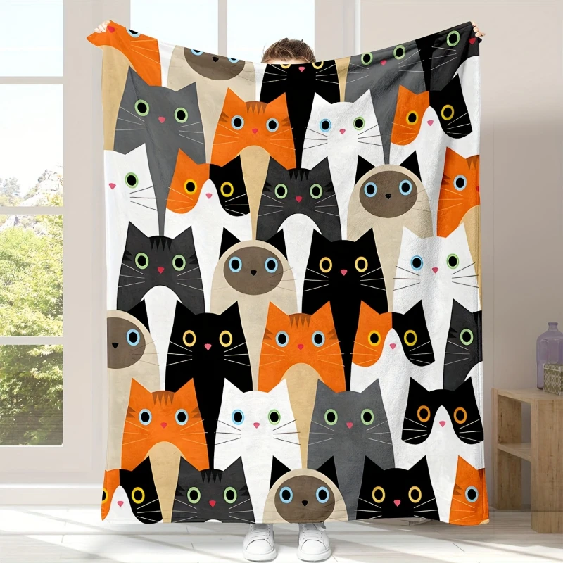 Geometric Multicolor Cat Simple Cartoon Throw Blanket,Soft Bed,Couch Layer,Birthday Anniversary Cute Minimalist Comfort Gesture