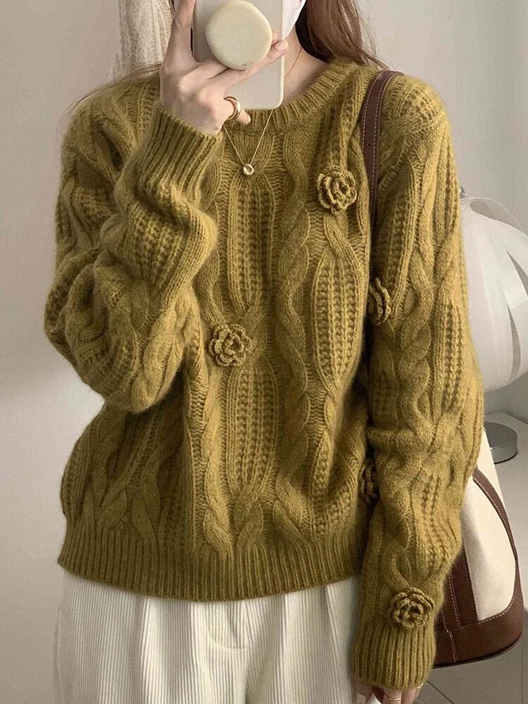 2024 Women Clothing Oversized Pullovers Tops O-neck Casual Jumper Chic 3D Floral Knitted Ribbed Vintage Sweater Sueter Mujer