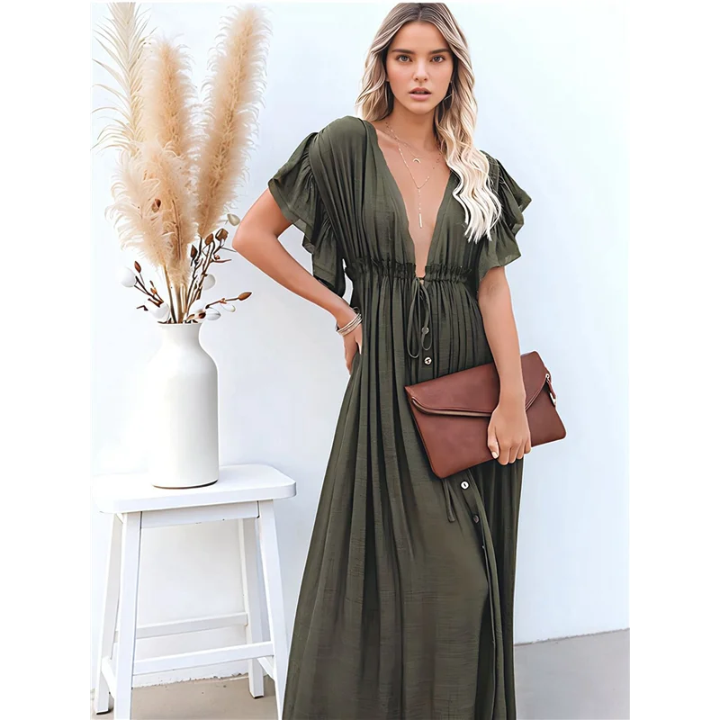 CYL-Women's Casual Summer Beach Dress Ruffle Maxi Dress Button Down Boho Dress Long Tunic
