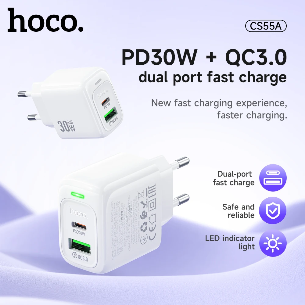 

HOCO Dual Port PD30W Quick Charging Phone Charger EU Plug For iPhone 15 Pro Max QC3.0 PD Wall Travel Adapter For Samsung S21 S22