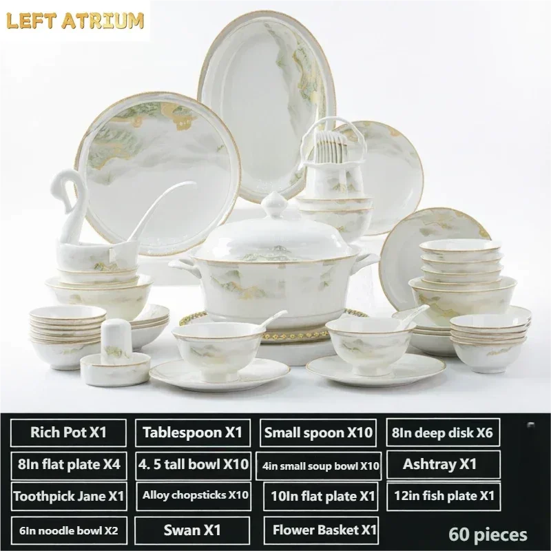 Tableware Set River And Mountain Scenery 18/38/56/60pcs Ceramics Dish Sets Full Set Luxury China Dinnerware Set For 4/10 Persons