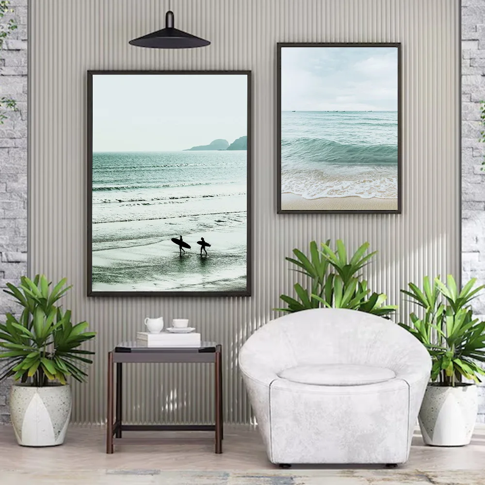 

Minimalism Seascape Poster Prints For Living Room Home Decor Nordic Teal Ocean Wave Surfboard Canvas Painting Wall Art Gift