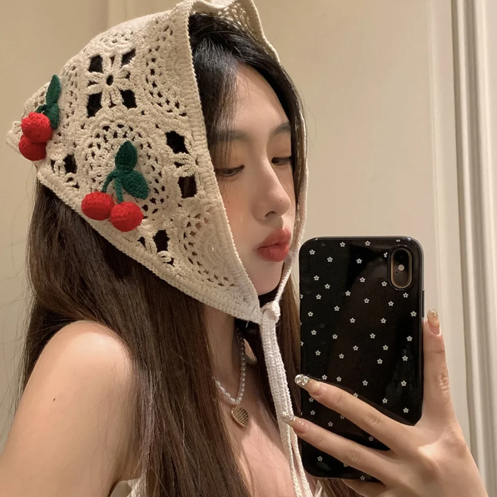 Knitted Triangle Headband Cute Little Cherry French Pastoral Style Headband Towel Handmade Crochet Headscarf Hat Girls