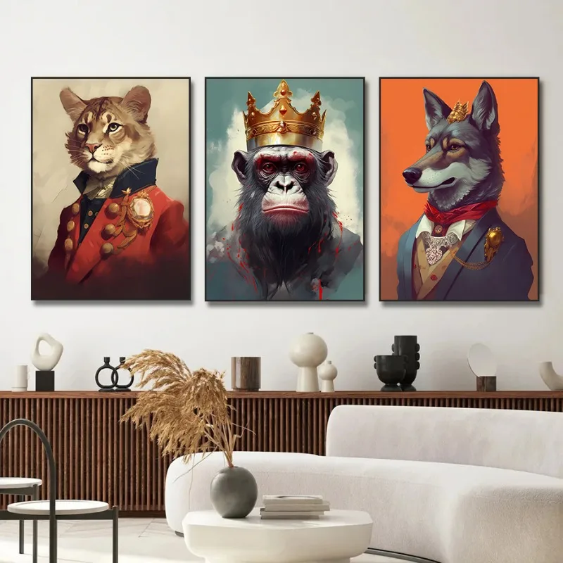 Renaissance European Aristocrat Fox Chicken Deer Monkey Bear Peacock  Poster Print Canvas Painting Wall Art Picture Home Decor