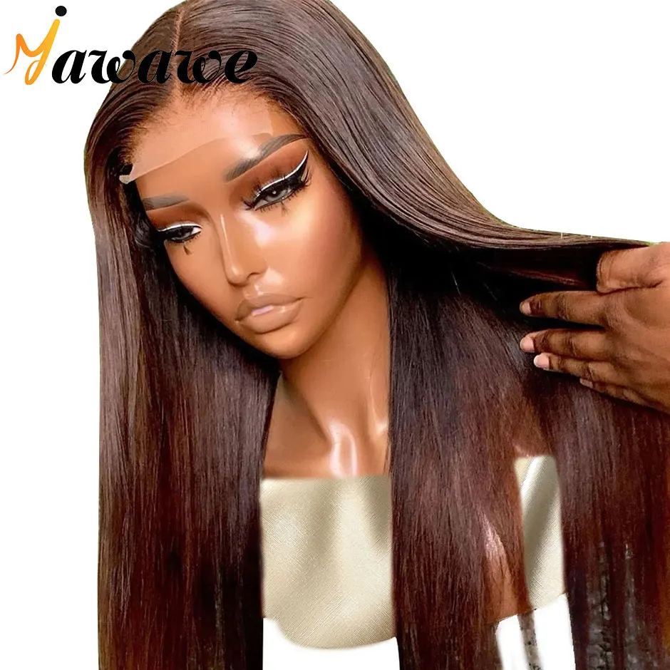 Perruque Lace Front Wig sans colle naturelle, cheveux lisses, brun chocolat, document #4, prêt à l'emploi, 32 pouces, pour femmes