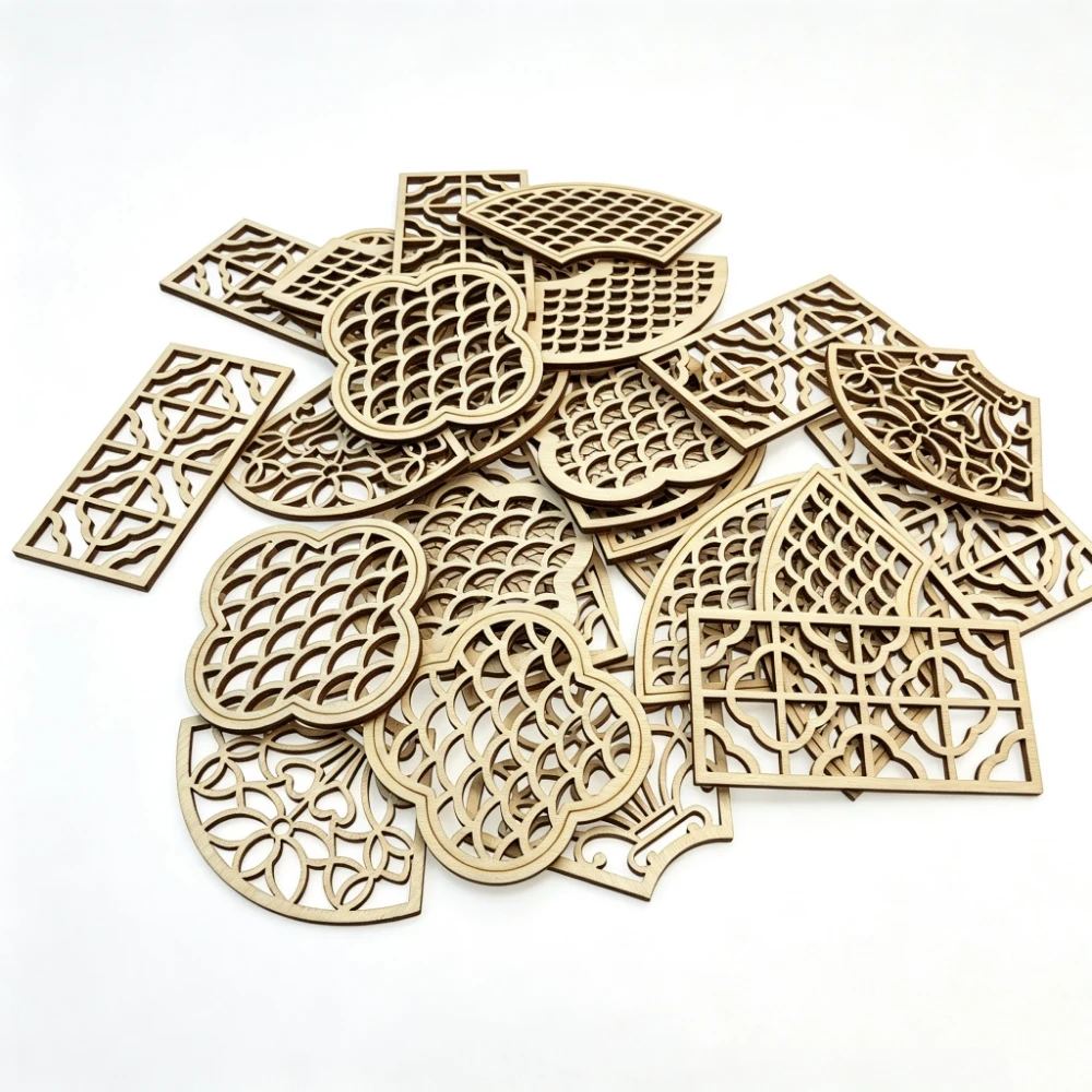 80PCS 40-65mm Chinese Window Wooden Embellishments Wood DIY Crafts Hollow Cutouts Home Decor Card Making and DIY Projects