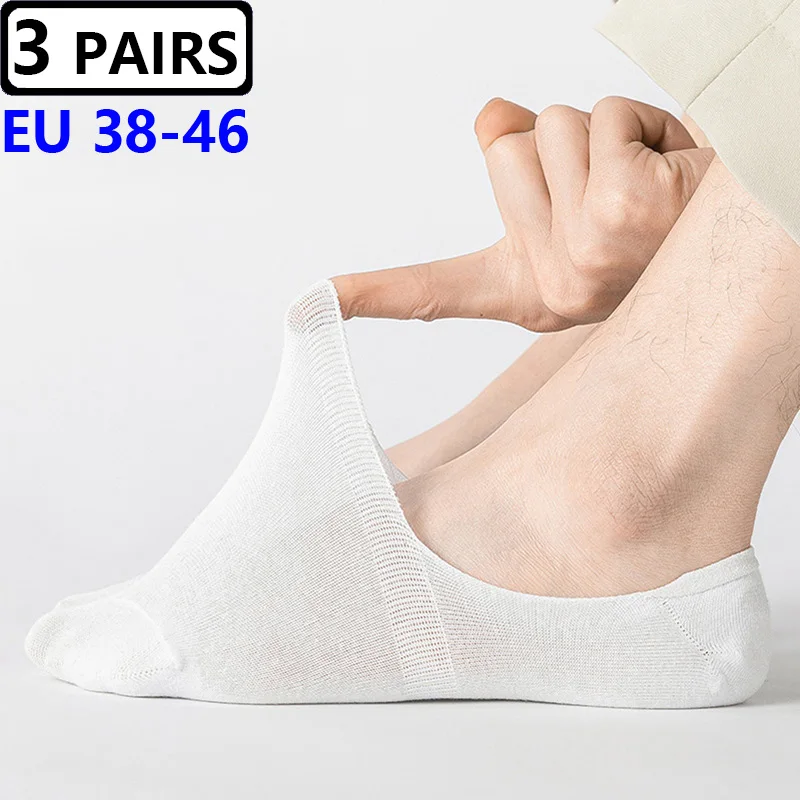 3 Pairs Large Big Size 45,46 Summer Mens Cotton Invisible Boat Socks Silicone Anti Slip Shallow Mouth Breathable Deodorant Socks