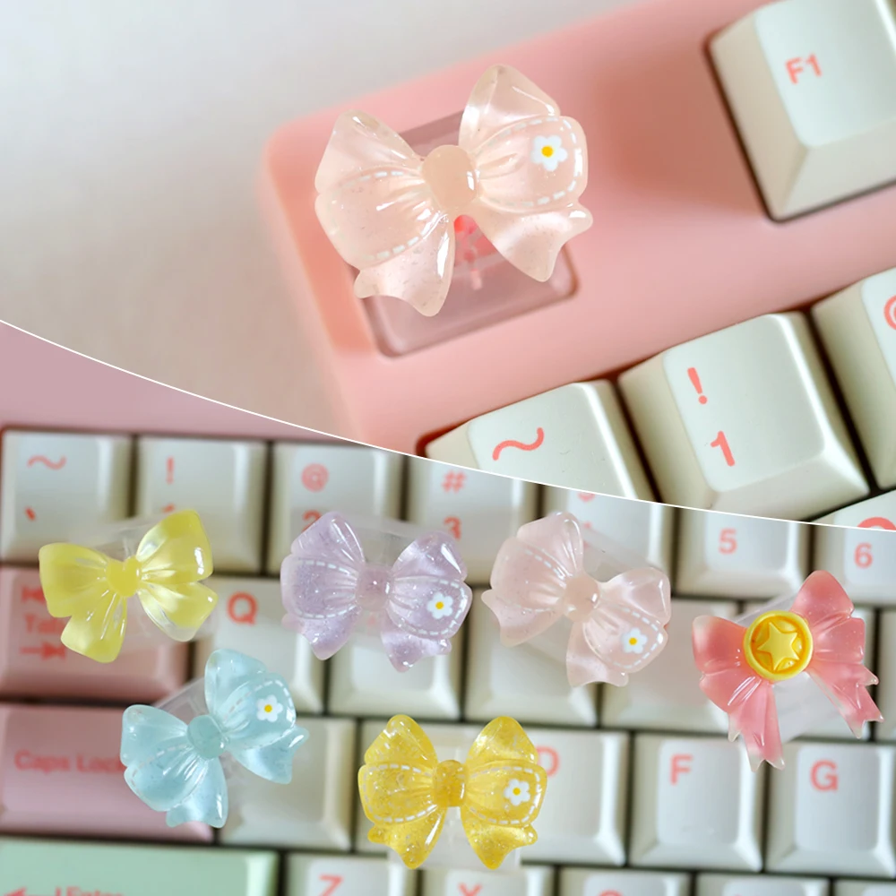 

Customization Cute Cartoon Translucent Bow Keycap DIY Cross Axis Mechanical Keyboard With Pink And Blue Keycap Accessories Added