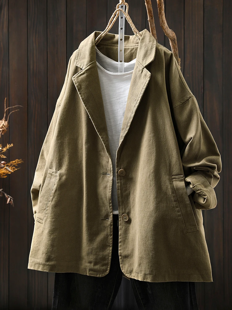 High Quality Women Casual Tailored Coats New Arrival 2025 Autumn Vintage Style Solid Color Loose Female Cotton Outerwear M1895