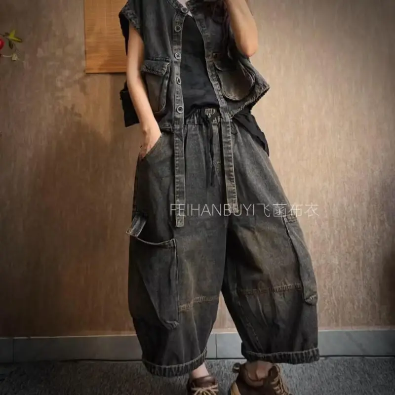 New Arrival Spring Autumn Arts Style Women Single Breasted Sleeveless Cotton Denim Coats Double Pockets Vintage Loose Vest F9396