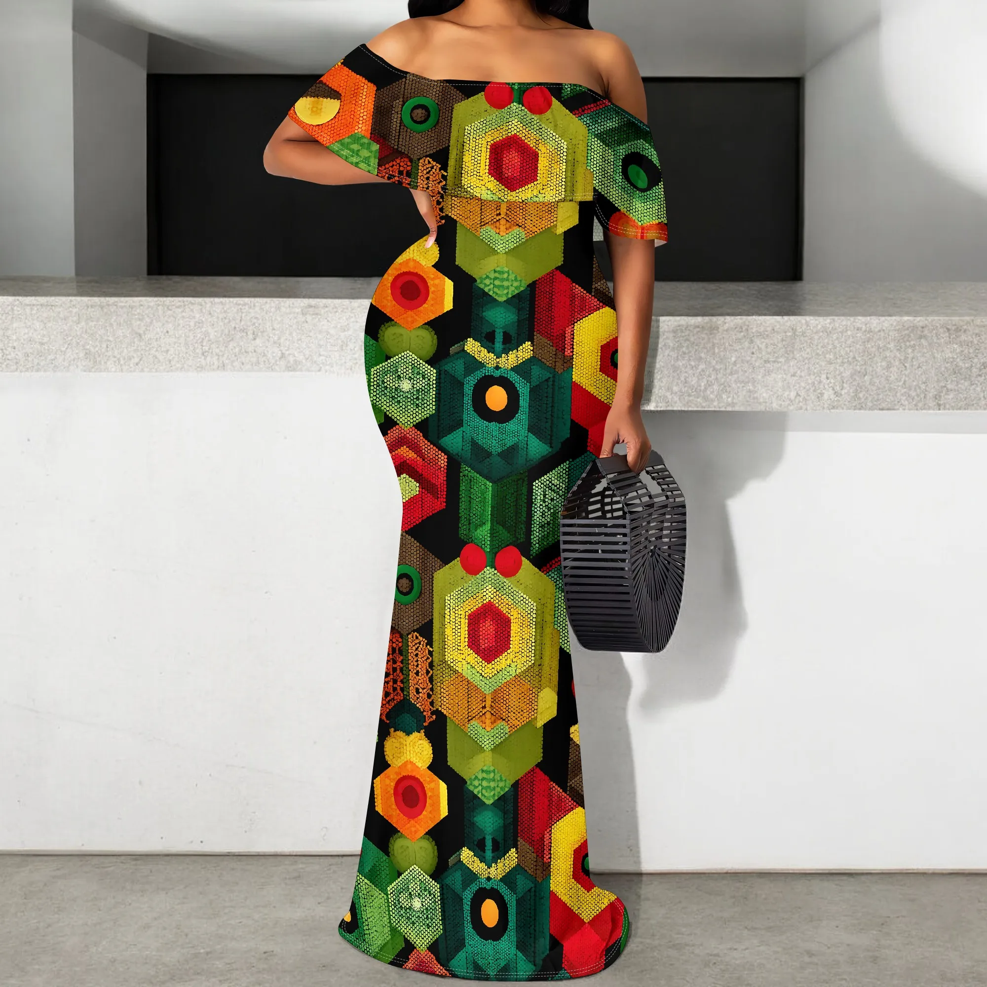 

Women's Geometric Print Off Shoulder Maxi Dress Abstract Tribal Pattern Elegant Long Dress S-3XL