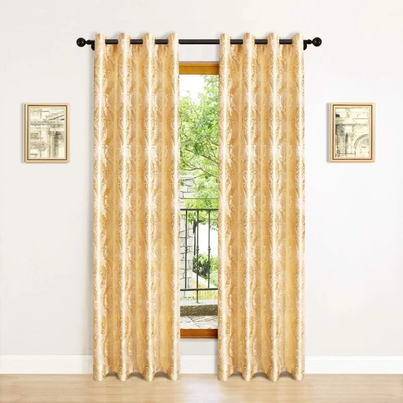 Dourado Jacquard Cachoeira Valance, Rod bolso e cortina, 2 painéis, Grommet Top