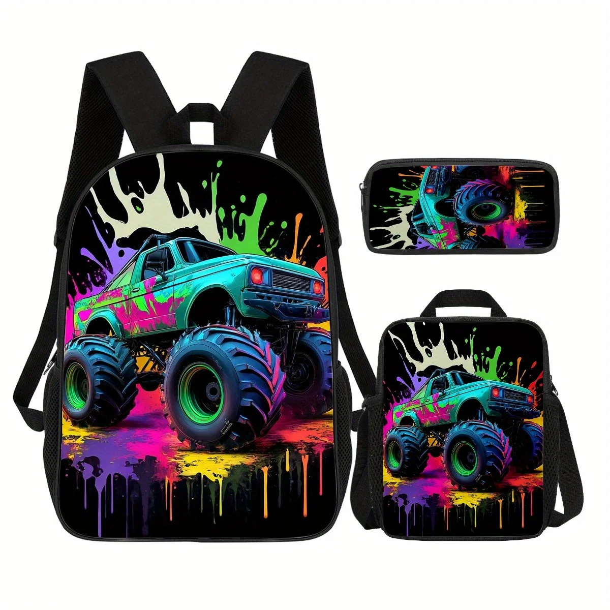 Bold Truck Graffiti 3pcs Backpack Set 17 Inch Stylish Bookpack Lunch Bag Pencil Case for Gifting on Christmas Holiday Trips