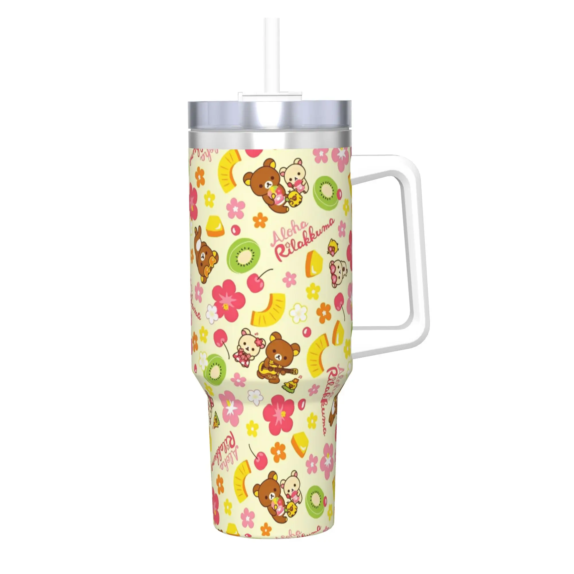 

Термокружка Rilakkuma с соломинкой, милый мультяшный дизайн, вакуумная кофейная кружка, бутылка для путешествий, 40 унций