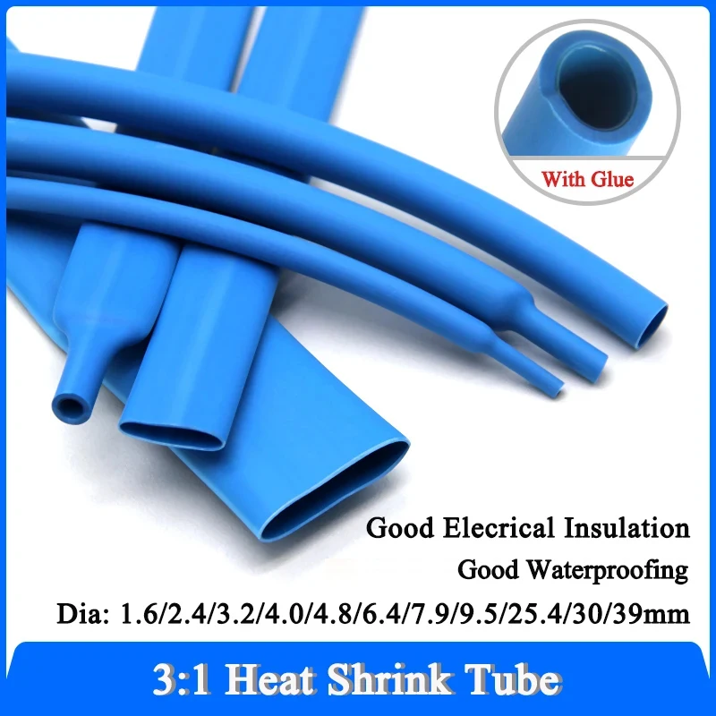 

1~20M 3:1 Blue Heat Shrink Tube Glue 1.6/2.4/3.2/4.0/4.8/6.4/7.9/9.5/25.4/30/39mm Cable Repair Shrinkable Thermoresistant tube