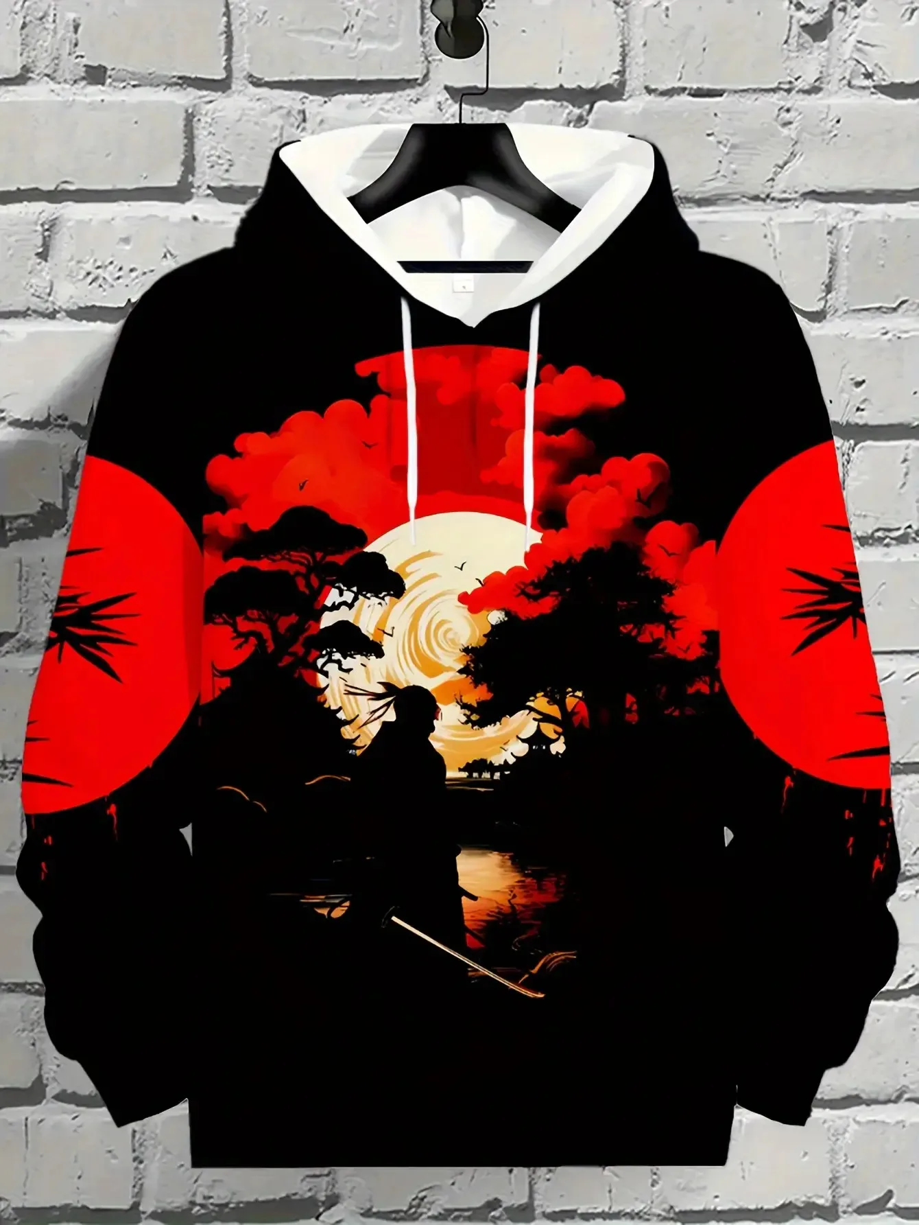 Men Japanese Samurai Sunset Bamboo Red Cloud 3D Full Print Hoodie Black Base Long Sleeve Oriental Street Pullover Sweatshirt