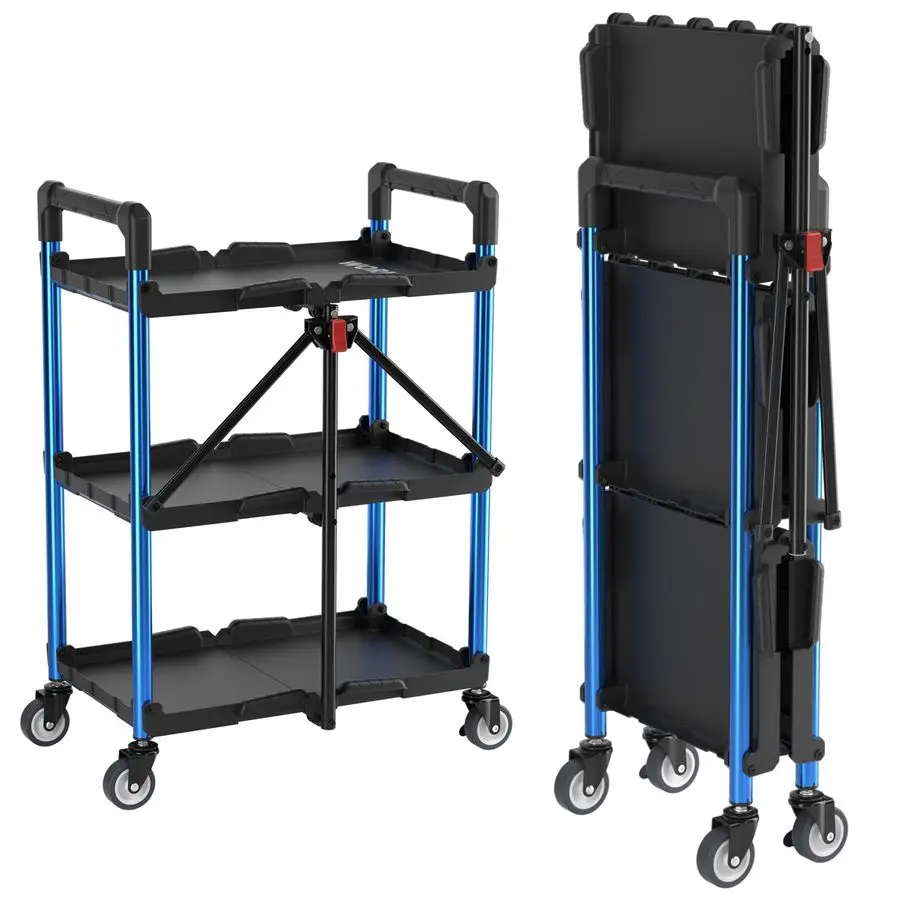 

3Tier Collapsible Service Cart, 210 LBS Foldable Utility Service Cart with Wheels, Portable Tool Cart for Garage, Warehouse, Hom