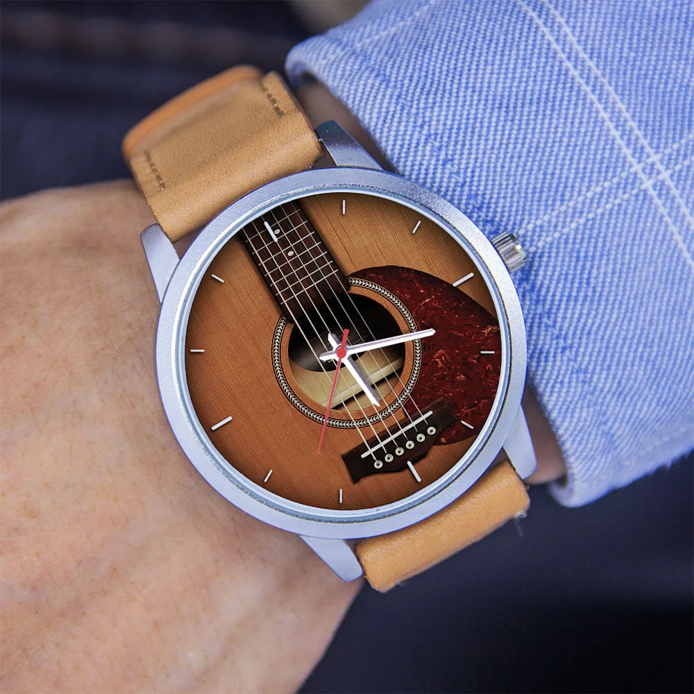 Guitar Bass Instrument Design Men's Personalized Watch Traditional Hands Simple  Fashionable Watch Musician Gift Rose Gold Case