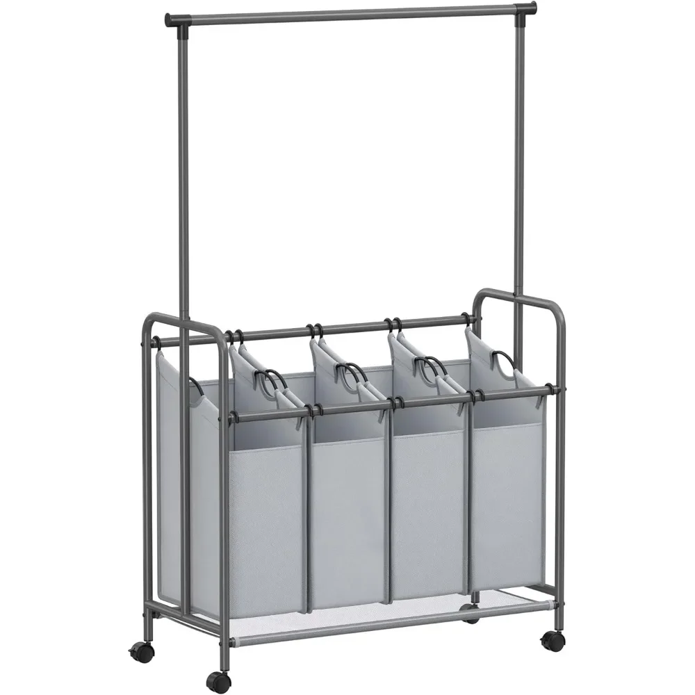 

4-Section Laundry Sorter, Rolling Laundry Hamper with Hanging Bar, Heavy-Duty Laundry Basket, Lockable Wheels Hampers